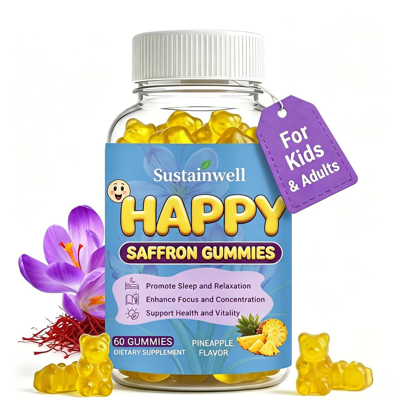 Happy Saffron Gummies for Kids & Adults Organic Saffron Extract with Magnesium Glycinate Vitamin D3 L-Theanine, Calm Mood, Sleep Support, Focus & Vitality Sugar Free, Vegan Pineapple Flavor, 60 Counts
