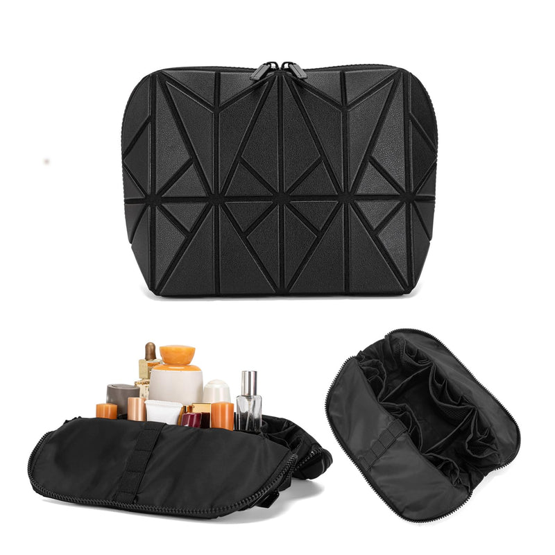 ITSCOSY Vertical Makeup Bag for Women，Waterproof Toiletry Bag,Travel Foldable Storage Organizer, Large Capacity Cosmetic Bag with 27 Pockets,Daily Skincare&Toiletry and Travel Necessity (Black) Black