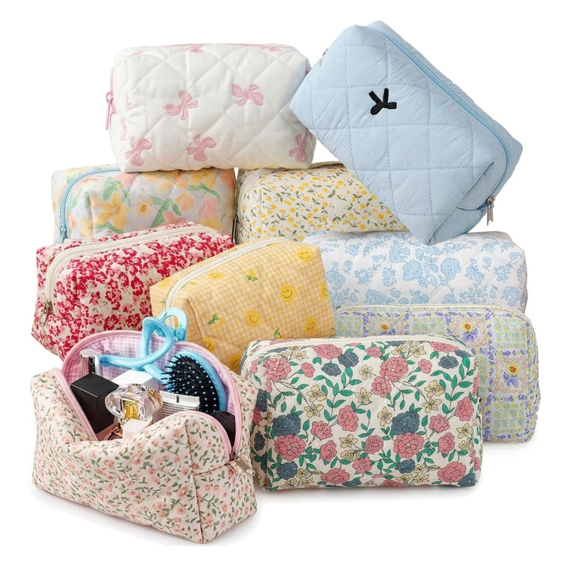 TenKa 10 Pcs Quilted Makeup Bags Bulk, Premium Floral Cosmetic Bag Bridesmaid Gifts, Cute Coquette Travel Pouch Organizer-Sweet Style Sweet Style