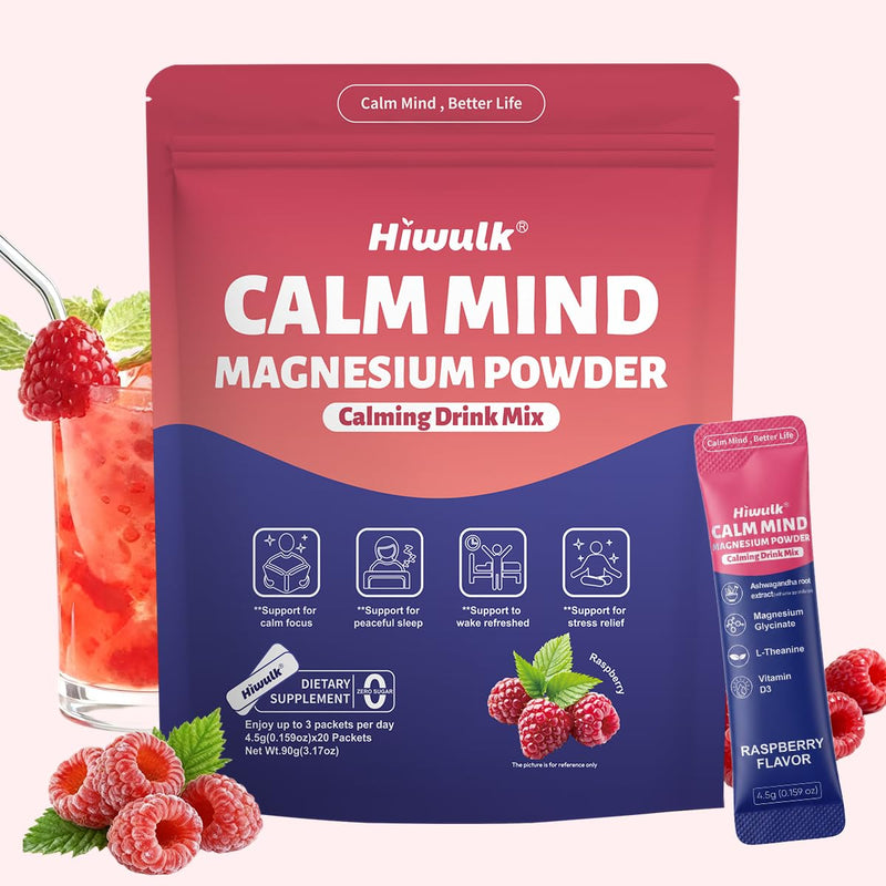 Bedtime Magnesium Drink Mix for Relaxation & Sleep Support – Raspberry Flavor with Ashwagandha, L-Theanine & Vitamin D3 – Calm Powder for Nighttime Wellness – 20 Packets