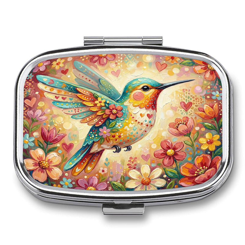 Metal 2 Compartment Pill Organizer Travel Friendly Portable Compact Pill Box Cute Pill Case,for Pocket Wallets Daily Portable Medicine Vitamin Tablet Storage (Painted Birds) Painted Birds