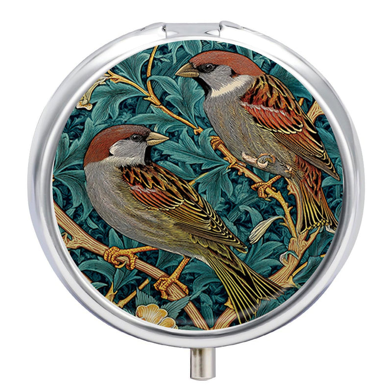 Pill Box 3 Compartment Small Pill Case, Portable Round Pill Box for Pocket or Purse, Decorative Metal Medicine Vitamin Organizer. (Two Birds) Two Birds