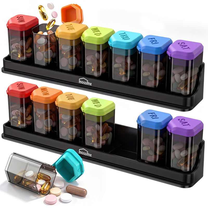 Mossime Large Weekly Pill Organizer 1 Time a Day, Rainbow, 2P | BPA-Free, Spill-Resistant, Detachable 1-a-Day Boxes, for Vitamins & Medication, Travel-Friendly, Velvet Pouch Rainbow+rainbow