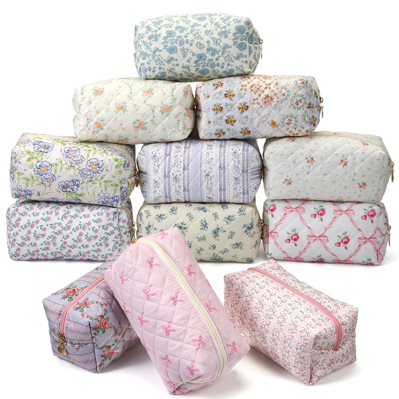 12 Pcs Quilted Makeup Bag Bulk, Floral Cotton Cosmetic Bag Set with Zipper | 8.3x3.9 Inch Aesthetic Travel Toiletry Organizer Pouch for Women Girls, Wedding Bridesmaid Proposal Gifts (Assorted Prints)
