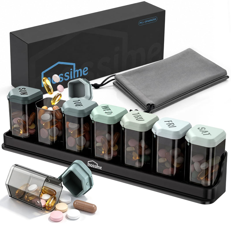 Mossime Large Weekly Pill Organizer 1 Time a Day, 7 Day Pill Box, GraI | BPA-Free, Spill-Resistant, Detachable 1-a-Day Boxes, for Vitamins & Medication, Travel-Friendly, Velvet Pouch