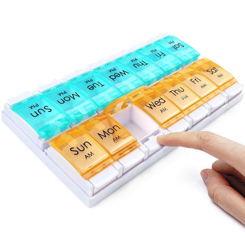 MOLN HYMY Weekly Pill Organizer, AM PM 2 Times a Day, 14 Compartments, Push Button Design, for Medication, Vitamins, Supplements Cyan and Orange
