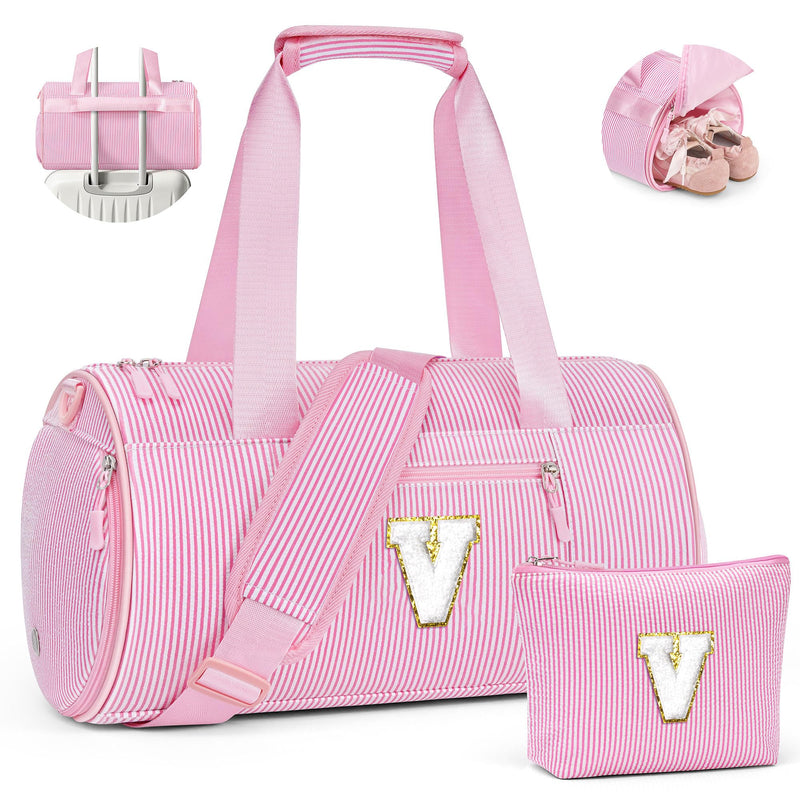 YOOLIFE Teen Girls Kids Birthday Gifts Initial Dance Bag Duffle Bag, Pink V | 6 7 8 9 10 11 12 Year Old Girl Birthday Gift, Gift for Daughter Sister, Gymnastics Overnight Weekender Cheer Bag for Girl Kid