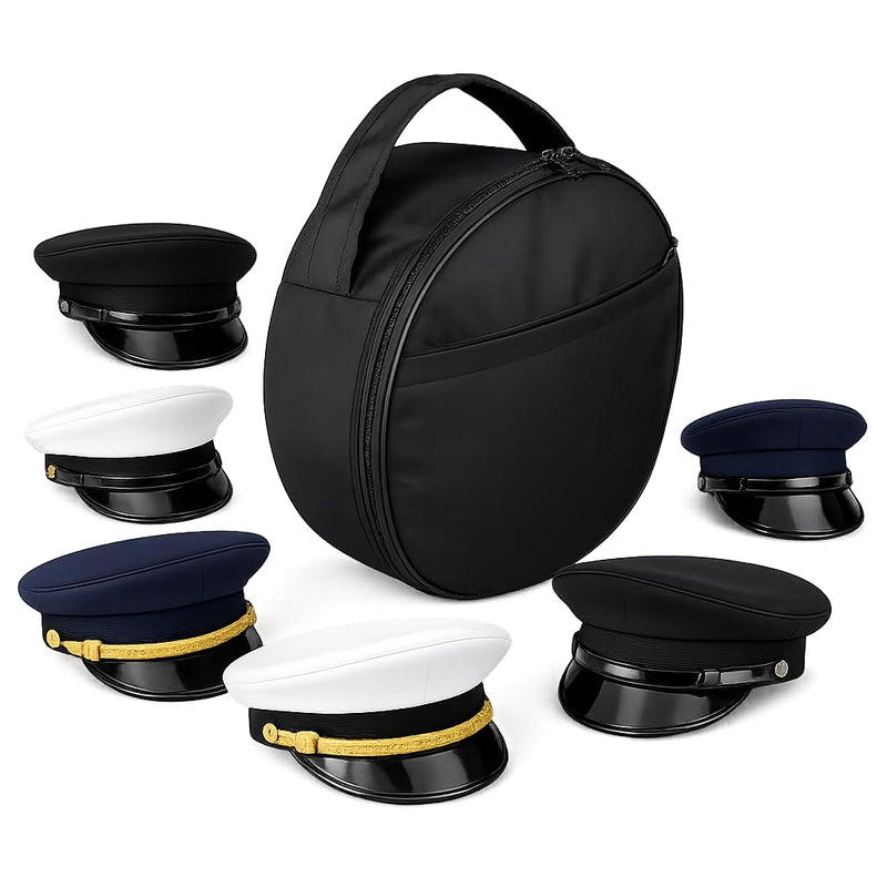 Peak Cap Storage Case, Waterproof Cordura Hat Carrier with Handle & Zipper, Lightweight Protective Travel Organizer for Masonic, Military, Uniform, Chauffeur & Dress Caps, Black/White