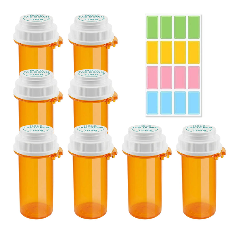 Zoeynex 8-Pack 20DR Amber Pill Bottles, Reversible Child-Resistant Caps | 75mL PP5 plastic vials, 16 writable labels, travel bottles for tablets, capsules, vitamins, supplements and small items 20 Dram (8 Pack)