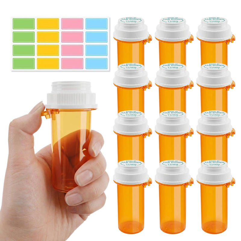 Zoeynex 12-Pack 10DR Amber Pill Bottles, Reversible Child-Resistant Caps | 37mL PP5 plastic vials, 16 writable labels, pocket-size travel bottles for tablets, capsules, vitamins and supplements 10 Dram (12 Pack)
