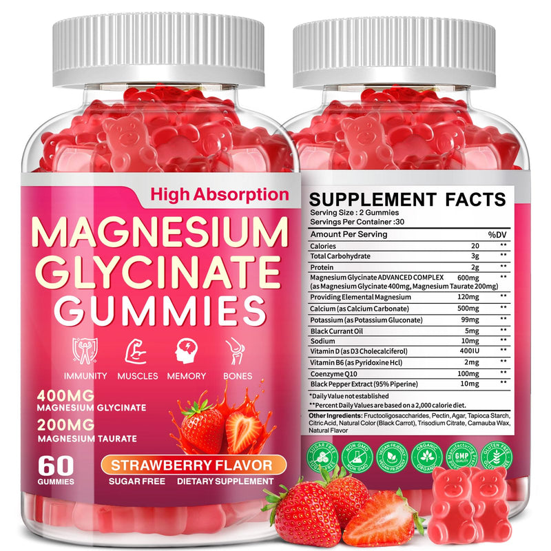 Magnesium Glycinate Gummies 600mg, High Absorption Magnesium Complex 60Ct | Suitable for Adults and Kids, Potassium Chewable Gummies with Vitamins D, CoQ10, for Relaxation and Body Support