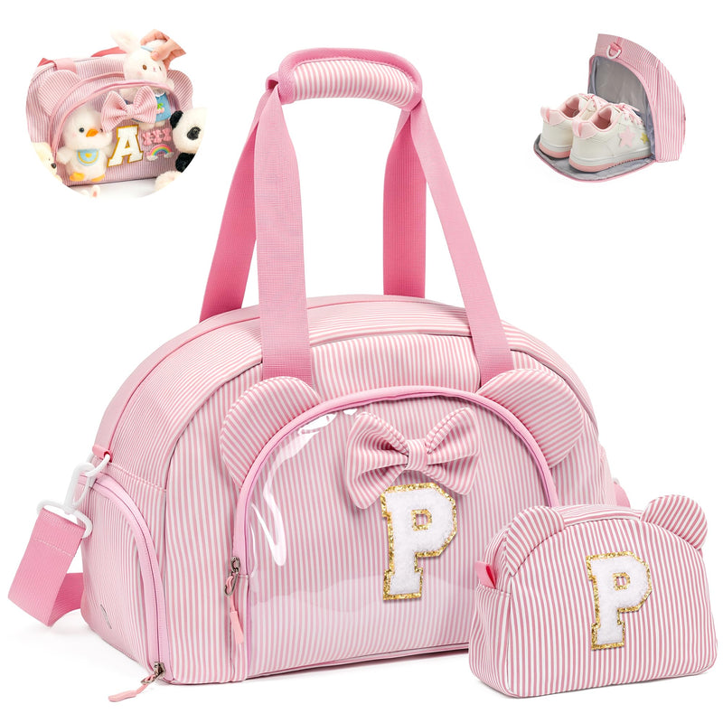 Elilier 5 Year Old Girl Birthday Gift, Dance Bag with Makeup Bag, Letter P | Girls Duffle Bag, Preppy Gifts for 5-8 Year Old Girl, Overnight Bag for Girls, Initial Travel Duffel Bag for Kids Pink