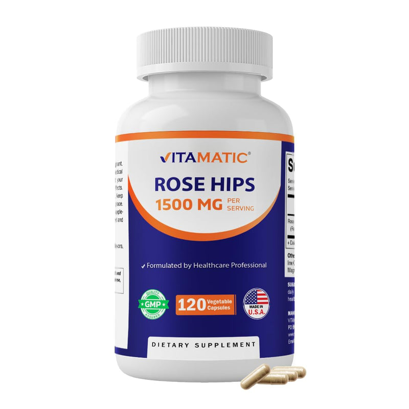 Vitamatic Rose Hips 1500 mg per Serving (Rosa Canina) – 120 Capsules – Non-GMO, Gluten Free Herbal Supplement – Rich in Natural Vitamin C & Antioxidants – Immune Support – Made in USA