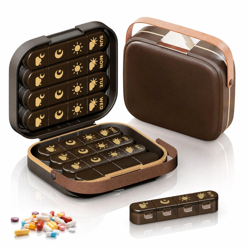 Weekly Pill Organizer 4 Times a Day, 32-Compartment Medicine Box with Moisture-Proof Sealed Lids, Privacy Protection Portable Vitamin Container for Travel Business Trip Elderly(Brown) Brown