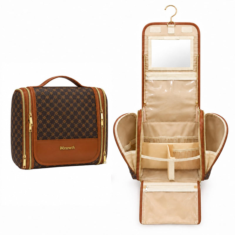 Women Travel Toiletry Bag Large Hanging Toiletry Bag with Mirror | Leather Makeup Bag Organizer with Removable Partition & Hook,Travel Cosmetic Organizer for Full-Size Toiletries Accessories Brown