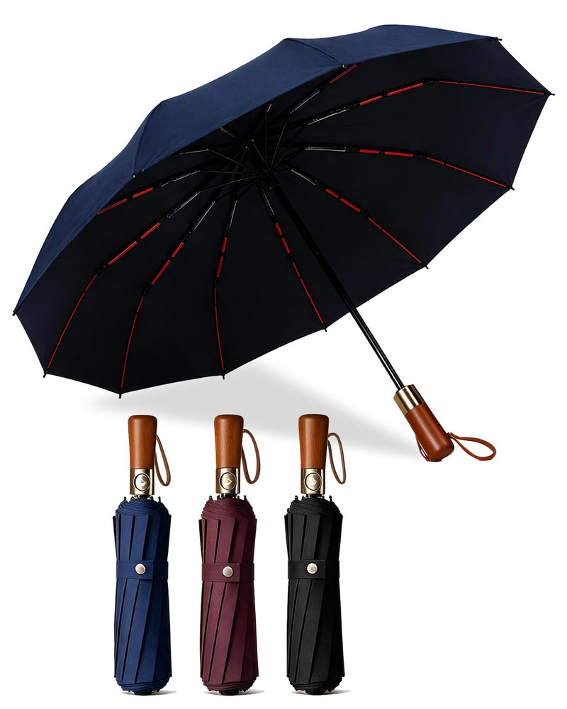 Automatic Folding Umbrella, 12 Solid Iron Main Ribs with Fiberglass Auxiliary Supports for Anti-Break Reinforcement, UPF50 Sun & Rain Portable Travel Umbrella with Wood-Look Comfort Grip Navy Blue