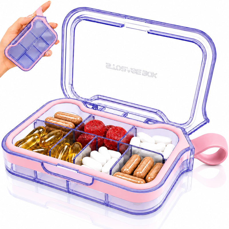 Small Pill Case, Travel Pill Organizer, Pocket Size Medicine Box, 7 Compartments Compact Pill Box for Fish Oil Vitamins Supplements Daily Medications, Purse Backpack Office Amber Purple