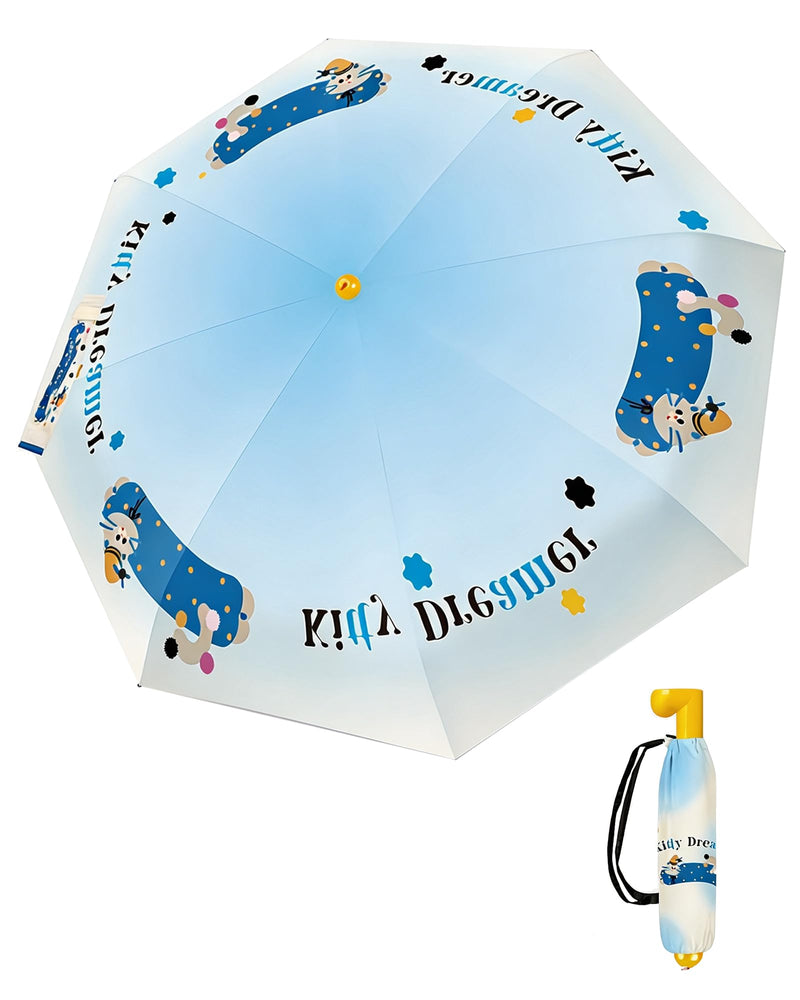 Cute Hand-Drawn Cartoon Folding Umbrella, Boot Shaped Handle & Apple Tip, UPF 50+ Black Coating Sun & Rain Compact Travel Umbrella with Hand Carry Storage Pouch for Women Girls Blue