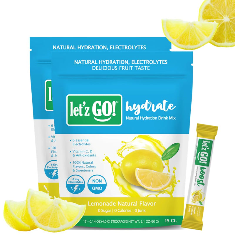 Let'z Go! Hydrate - Electrolyte Drink Mix - Hydration + Electrolytes + Antioxidant Powder Packets, Natural Flavors, Vitamins C + D | No Sugar | No Calories | (15 Count) Lemonade - Pack of 2