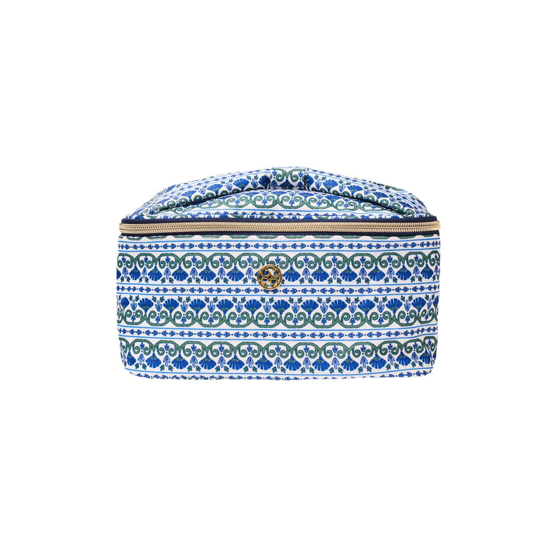 Mary Square Kiss and Make Up Bag - Floral Foulard Navy Print Large Cosmetic Case and Toiletry Organizer with Bow Carry Handle - 11 x 5.5 x 5 Travel Makeup Pouch with Gold Hardware