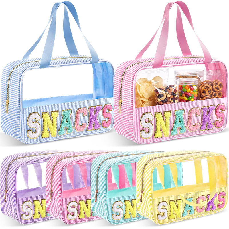Sanwuta 6 Pcs Seersucker Snacks Bag Chenille Letter Clear Makeup Bag with Handle and Zipper Seersucker Stripe Preppy Women Cosmetic Pouch for Storage Travel Organizer(Preppy)
