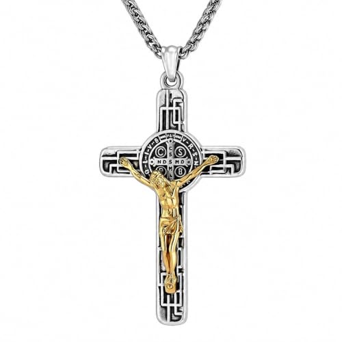 St Benedict Crucifix Necklace Stainless Steel Gold Tone Catholic Gift