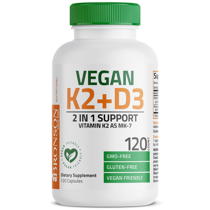 Bronson Vitamin K2+D3 Vegan 2 in 1 Support Vitamin K2 As MK-7, 120 Capsules | Vegan 2-in-1 Immune, Bone & Heart Health Support Formula, Gluten Free, Non GMO 120 Count (Pack of 1)