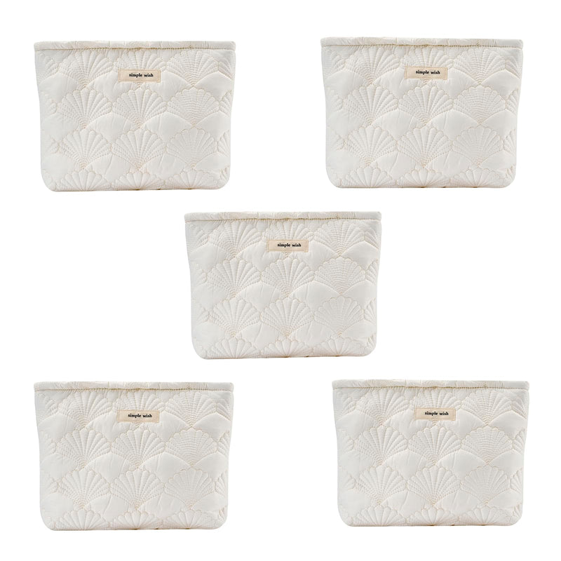 RSRSLEII 5Pcs Quilted Cotton Seashell Makeup Bag, Travel Toiletry Bag,White | Coastal Aesthetic Cosmetic Bag Set, Cute Portable Travel Toiletry Pouch, Wedding Gifts, Bridesmaid Gifts,Lightweight Foldable 5Pcs White