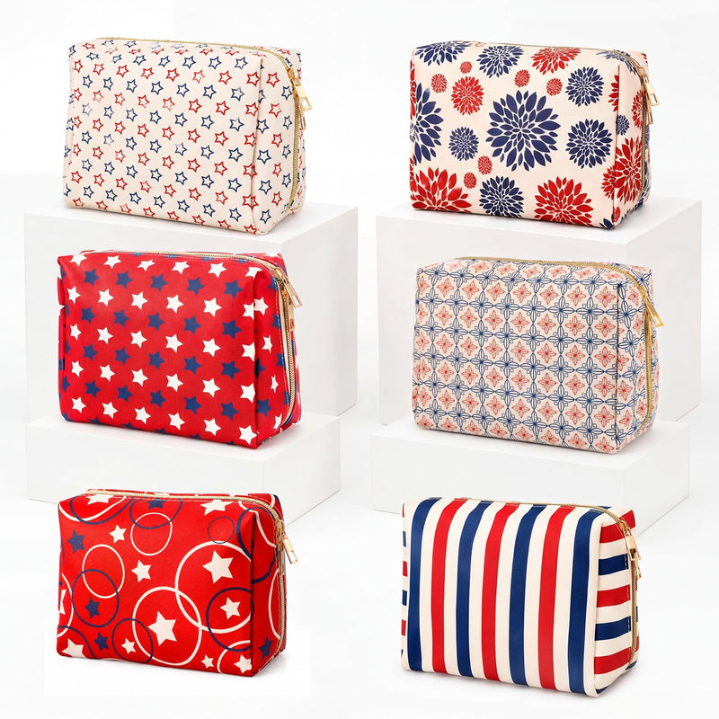 FoldTier 6 Pcs Patriotic Star Makeup Bags Bulk for Women | Red White Blue Cosmetic Bag with Zipper Organizer Travel Toiletry Pouch 8.7 x 5.9 x 3.9 in Pencil Pouch party Favor