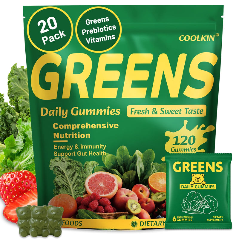 COOLKIN Greens Daily Gummies, Adult Super Greens Multivitamin Superfood Gummies with Spirulina, Chlorella, Adaptogens & Prebiotic Fiber - Digestive Health Support, (20 Count)