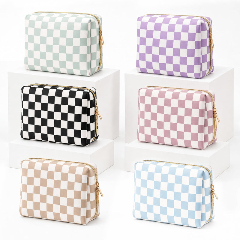 FoldTier 6 Pcs Checkered Makeup Bag Bulk for Women | Travel Cosmetic Bag with Zipper Organizer Toiletry Pouch 8.7 x 5.9 x 3.9 Inch Pencil Pouch for Purse Party Favor