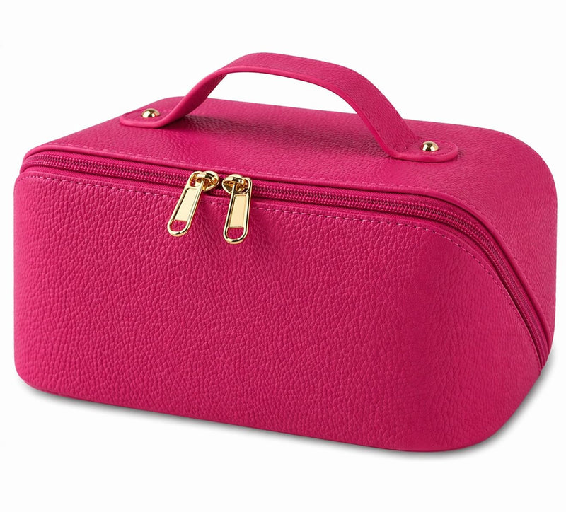 Pink Magenta PU Leather Makeup Bag - Large Handle Cosmetic Pouch | Sleek water resistant PU leather, Magenta pink makeup pouch with handle, Dual gold zippers, Structured internal divider. Pink Magenta