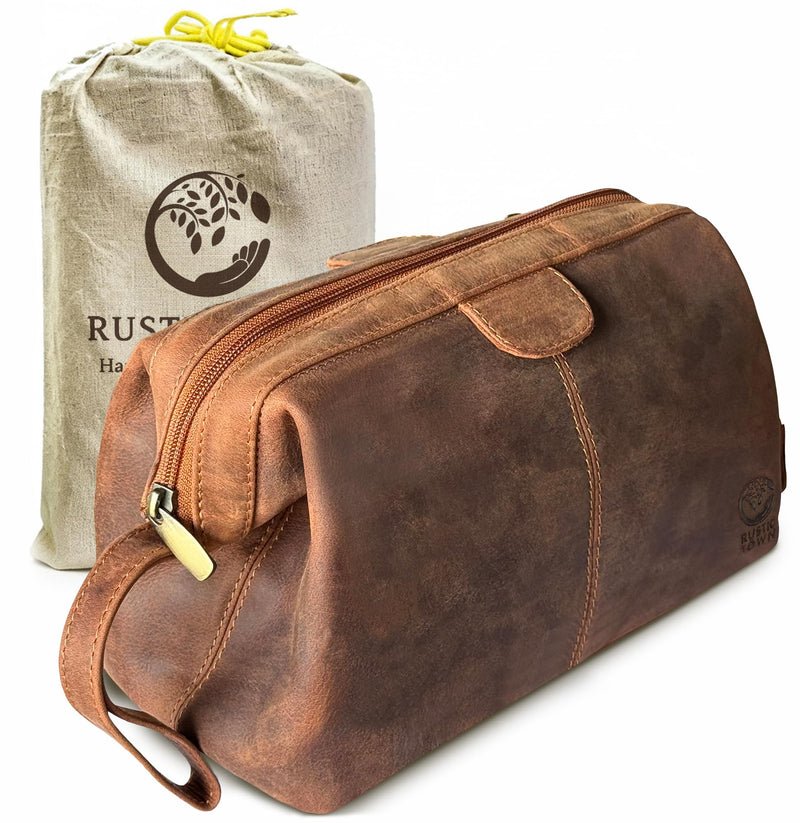 Leather Toiletry Bag for Men - Full Grain Travel Dopp Kit & Shaving Bag | Single Compartment, Back Zip Pocket, Waterproof Lining; Shaving & Cologne Organizer; TSA Carry-On; Gift for Men & Women Brown (Without Bottom Compartment)