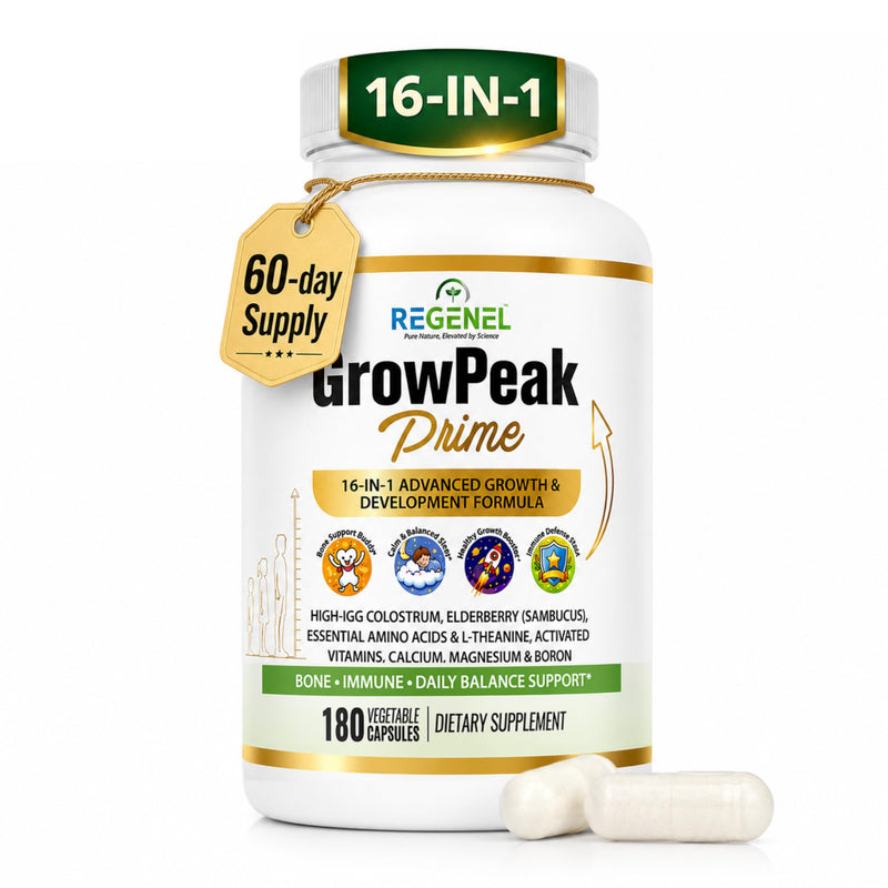 GrowPeak Prime 16-in-1 Kids & Teens Growing Years Formula | Bone & immune support, calcium, D3, K2, magnesium, zinc, bovine colostrum, elderberry, non-GMO, made in USA, 60-day supply