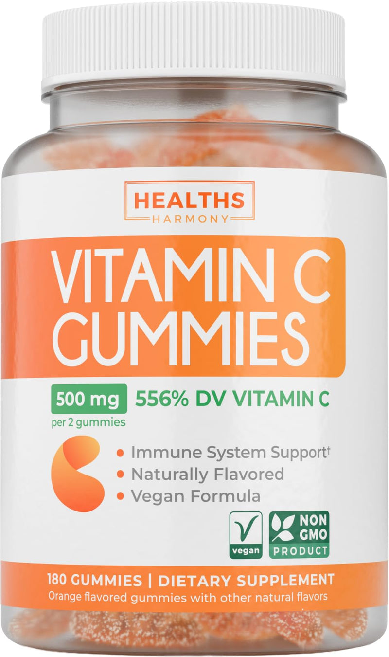 Vegan Vitamin C Gummies for Adults - Immune Support Gummies with Chewable Vitamin C 500mg per Serving for Daily and Seasonal Wellness - High Potency Non-GMO Formula - Orange Flavor (3 Month Supply) Gummy 180 Count (Pack of 1)