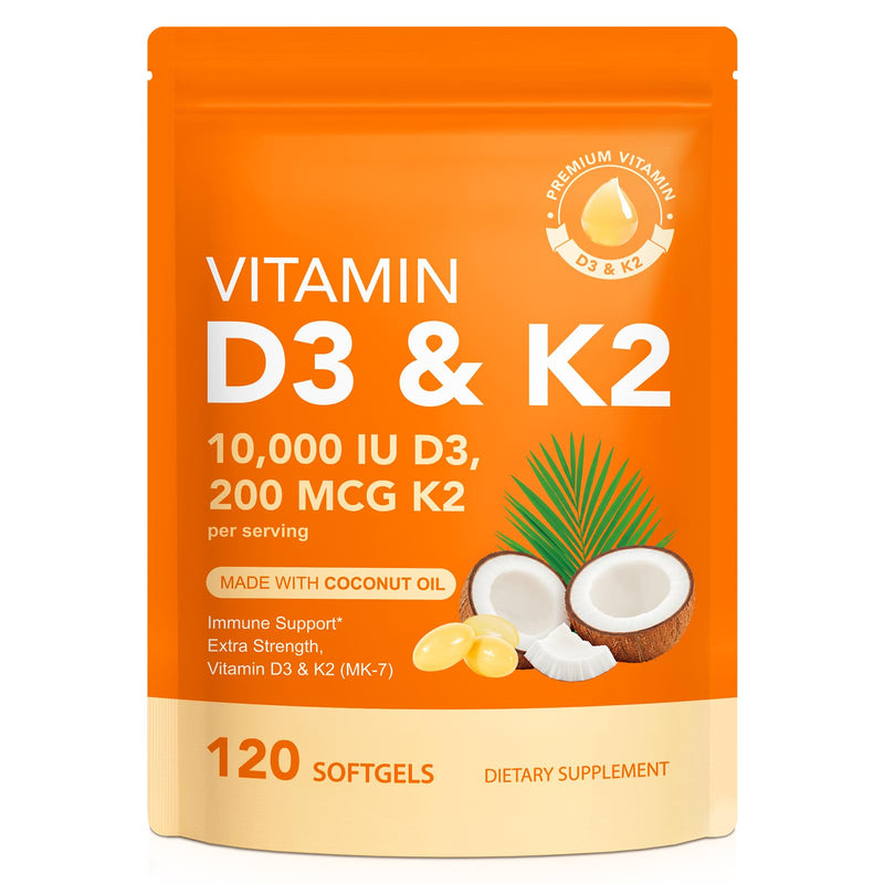 Vitamin D3 K2 10,000 IU 120 Softgels, D3 10,000 IU & K2 MK-7 200 mcg Supports Immune, Heart, Teeth & Bone Health, Non-GMO, Free of Soy, Gluten 120 Count (Pack of 1)