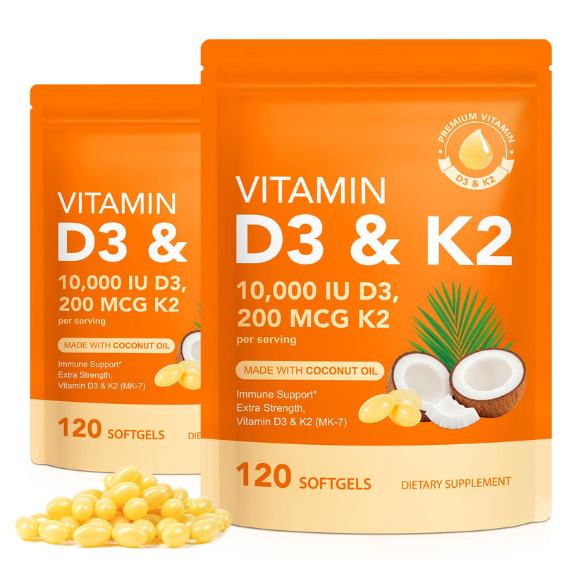 Vitamin D3 K2 10,000 IU Softgels, 120 Count, 2PCS | Vitamin D3 10,000 IU & Vitamin K2 MK-7 200 mcg Supports Immune, Heart, Teeth & Bone Health, Non-GMO,Free of Soy,Gluten 240 Count (Pack of 1)