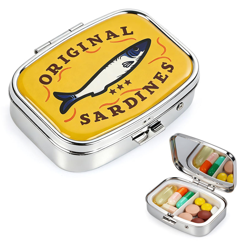 Retro Sardines Small Pill Organizer 2 Times a Day for Women Men - Yellow | Metal AM PM Daily Pill Box with Mirror for Medicine Vitamin Supplement, Privacy Protection Office Travel Pill Case for Purse
