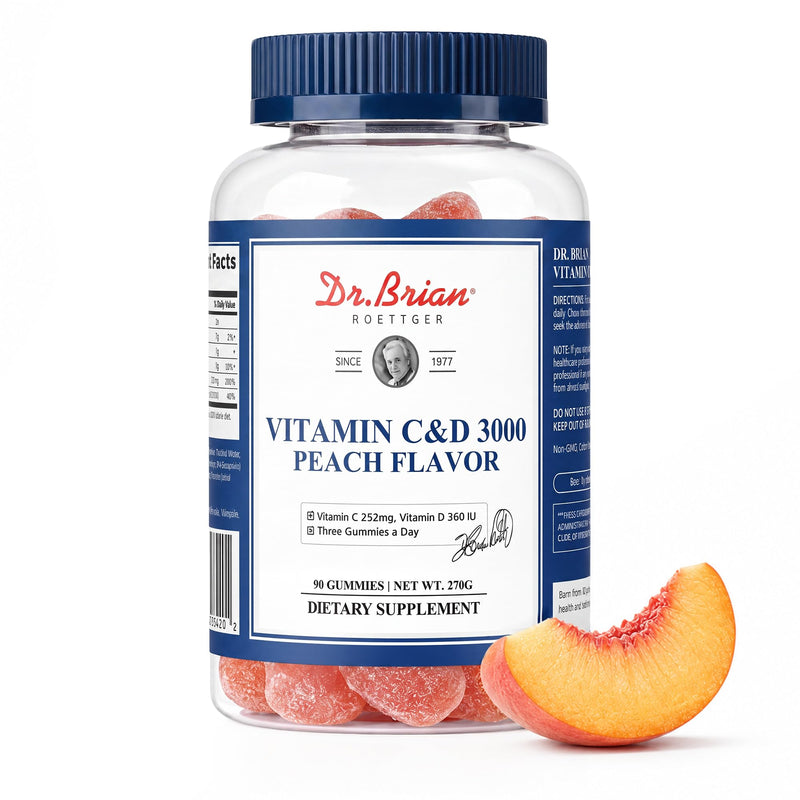 DR.Brian Vitamin C Gummies for Immune Support, 90 Gummies (Peach) | Vitamin C Chewable for Adults & Kids Ages 4+ with Vitamin D3, 30 Servings