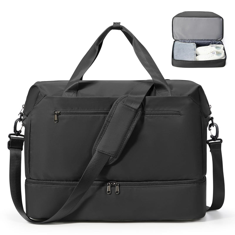 Travel Duffel Bag, Carry-On Overnight Weekender Bags for Women Travel | Personal Item Bag for Airlines,Bottom Shoe Compartment,Trolley Sleeve Black