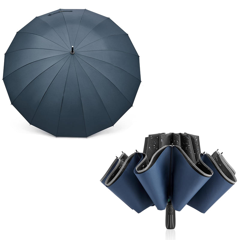 G4Free 54 Inch Large Windproof Umbrella Auto Open Classic Wooden J Handle 54 Inch Large Double Layer Inverted Umbrella with Reflective Strip