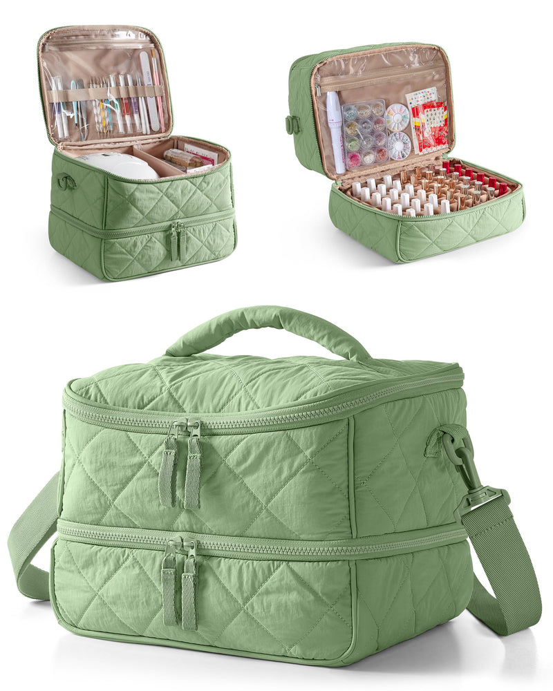 Marscamd Quilted Nail Polish Organizer Bag Holds 42 Bottles and Nail Lamp | Nail Polish Storage Case with Crossbody Straps and Multiple Pockets, Green