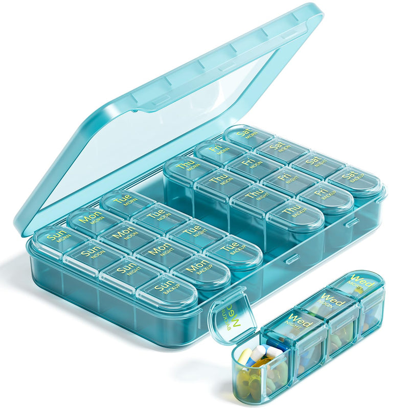 Odaro Weekly Pill Organizer 4 Times A Day, Daily Pill Box 7 Day, Dark Blue | Large Travel Case 28 Compartment, Holds Meds Vitamins Supplements, Removable Slots, Clear Elderly Marks, Tight Snap Leakproof Full Blue