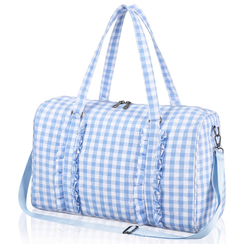 Blue Gingham Travel Duffel Bag Girls Duffle Bag with Ruffles Cute Pink Gingham Workout for Workout Travel Weekend Trip Sleepover Blue