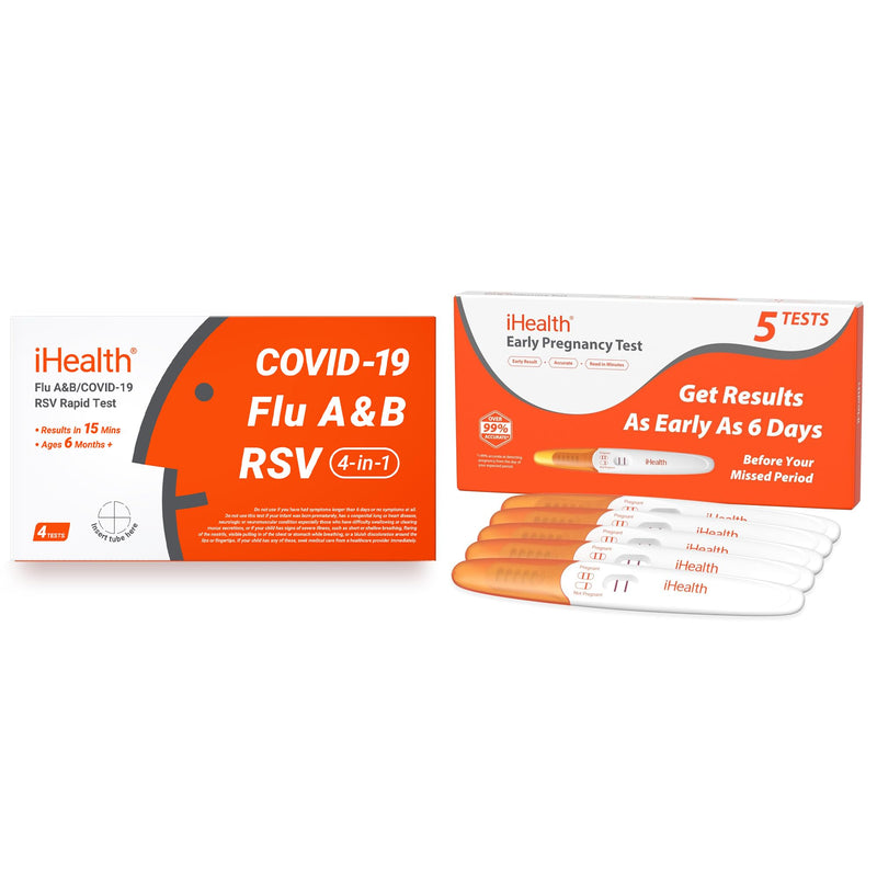 iHealth At-Home Test Bundle, Pregnancy Test 5-Pack Value Kit (10mIU/mL Early Detection) + 4-in-1 Flu A/B, COVID-19 & RSV Kit(4 Tests), FDA Authorized OTC Respiratory Test