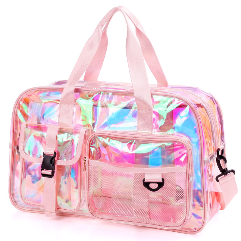 Abbylike Clear Bag Large Heavy Duty Tote for Stadium Events 20" Duffle Transparent Gym Bag for Sport Event Travel Makeup Work Iridesent Pink