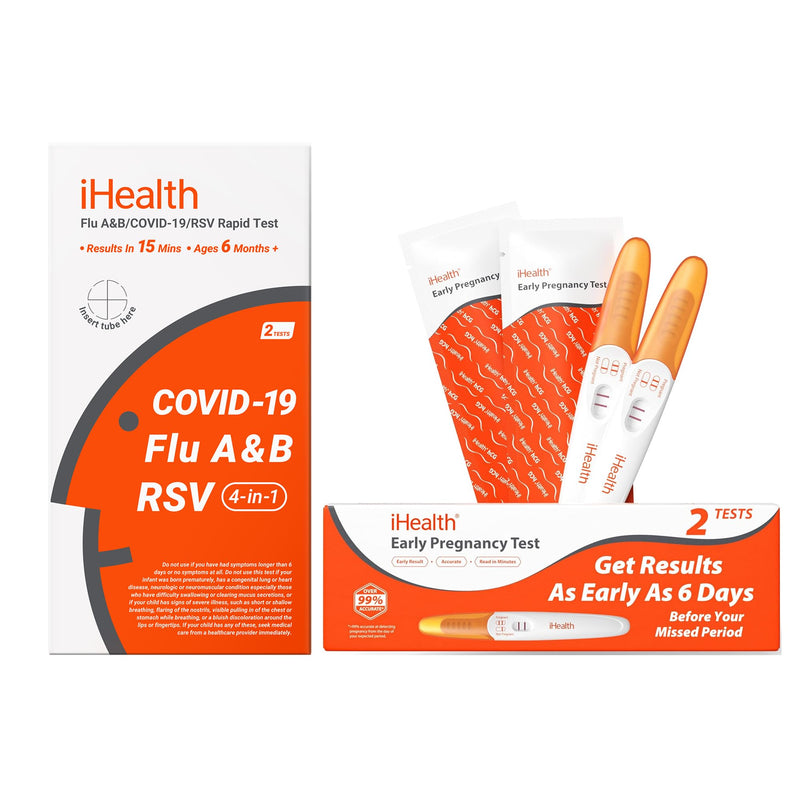 iHealth At-Home Test Bundle, Pregnancy Test 2-Pack (10mIU/mL Early Detection) + COVID-19 Antigen Rapid Self-Test (2 Tests), FDA Authorized OTC, 15-Minute Results, Non-Invasive Nasal Swab