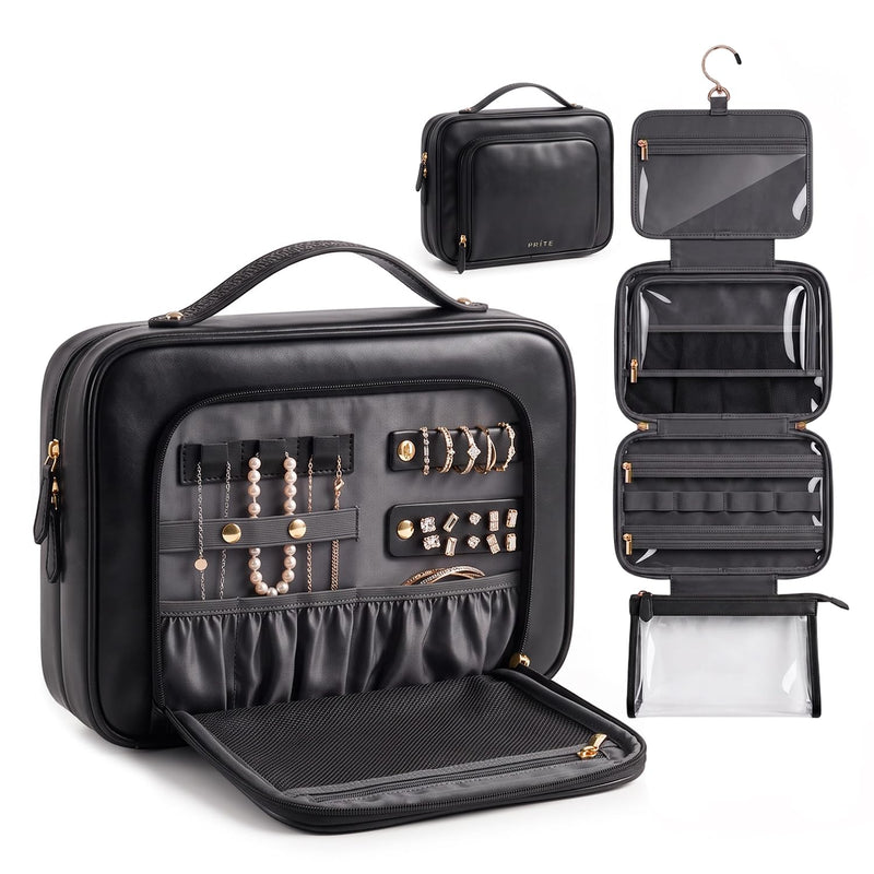 Prite Hanging Toiletry Bag for Women Waterproof Travel Makeup Bag | Jewelry Organizer, Detachable Clear Pouch, Vegan Leather, Dual-Zipper, Durable Hook and Zipper, Multi-pocket, Easy Clean Black Large