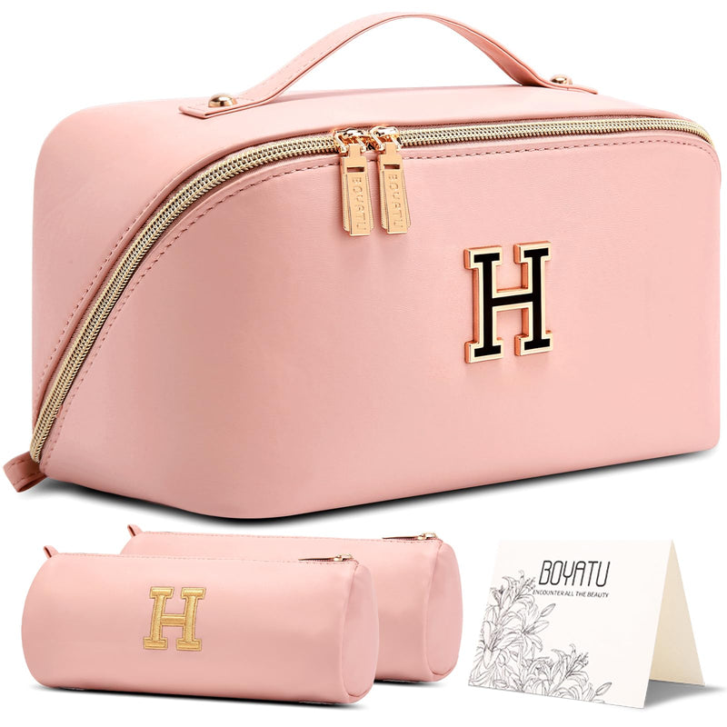 BOYATU Personalized Travel Makeup Bag: 3-in-1 Cosmetic Bag Gift for Women | Initial Make up Bag Organizer - Custom Letters A-Z - Flat Open Portable Toiletry Bag for Birthday Graduation Anniversary Pink H