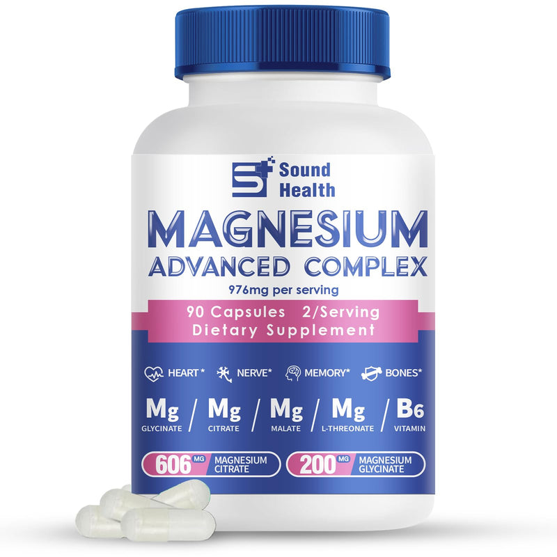 5 in 1 Magnesium Advanced Complex 976mg from Magnesium Glycinate, Citrate, Malate, L-Threonate & Vitamin B6, High Absorption Magnesium Complex for Women & Men, Non-GMO, 90 Vegan Capsules 90 Count (Pack of 1)